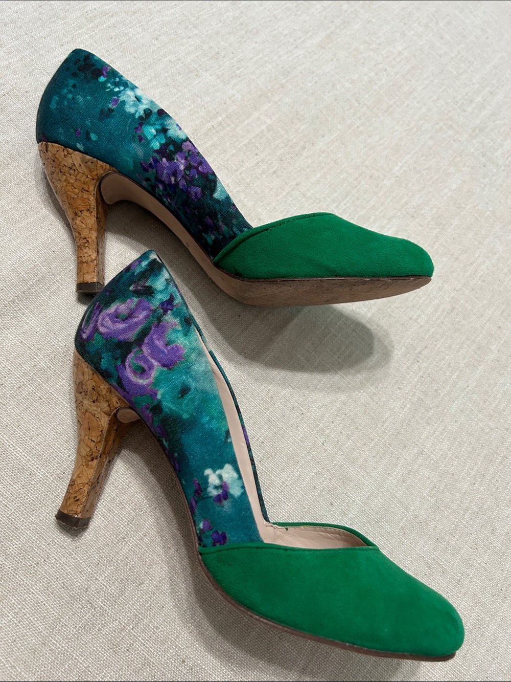 Plenty by Tracy Reese Hayden Floral Pump Emerald Green Suede Retro Cork Heel 38 - Picture 13 of 13